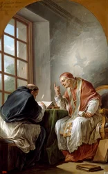 "San Gregorio, conocido como Gregorio I el Grande (540-604), Papa y Doctor de la Iglesia, dictando sus Homilías. Está inspirado por el Espíritu Santo, simbolizado por una paloma. Pintura de Carle Van Loo (1705-1765) 1764 Dim. 101x75,2 cm Colección particul