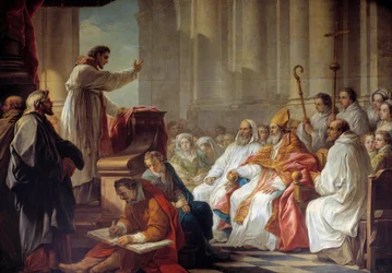 La predicación de San Agustín (354-430) ante Valerio, obispo de Hipona. Pintura de Carle Van Loo (siglo XVIII)