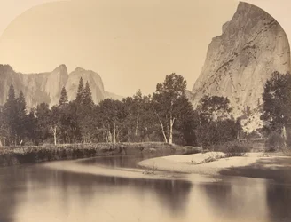 Vista del río, valle abajo, Cathedral Rock a la izquierda, 1861, Yosemite