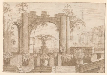 Un jardín con arco en ruinas