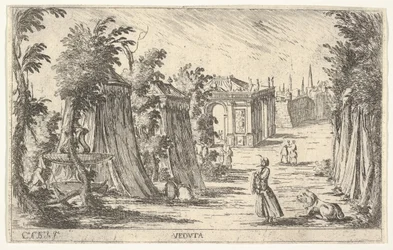 Vista con un hombre con turbante y un león de pie a la derecha, tiendas y arquitectura clásica