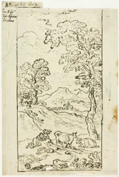 Paisaje montañoso con vacas y pastores en primer plano