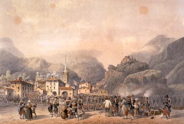 Campamento francés en Susa en 1859, por Carlo Bossoli (1815-1884), grabado. Segunda Guerra de Independencia, Italia, siglo XIX.