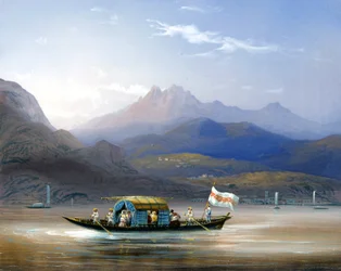 Lago de Como. Un bote. Al fondo, se puede ver el Monte Groma, alrededor de 1830. Pintura de Bossoli. Como, colección privada