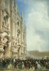 La guerra en Italia: La llegada del emperador Napoleón III y el rey de Cerdeña al Duomo, Milán, 1859