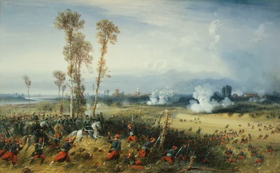 La guerra en Italia: La batalla de Palestro, el rey de Cerdeña encabezando las tropas, 1859