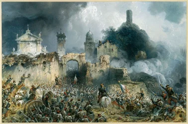 La batalla de Solferino entre tropas austriacas y franco-piamontesas ... (aguafuerte)