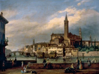 Vista a lo largo del río Adigio en Verona, con la iglesia de Santa Anastasia al fondo