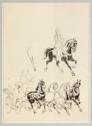 Estudio preparatorio para carruaje y caballos (dibujo a tinta china y lápiz sobre papel)