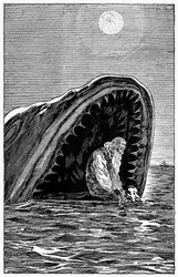 Ilustración de Pinocho por Carlo Chiostri (1863-1939), uno de los primeros ilustradores italianos de la obra de Collodi. La marioneta de madera y su padre Gepetto escaparán nadando de la boca del enorme tiburón que se los ha tragado.