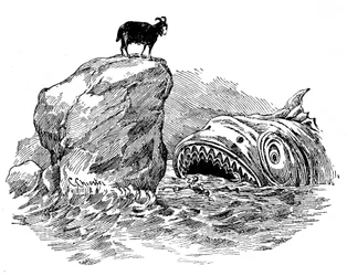 Ilustración de Pinocho por Carlo Chiostri (1863-1939), uno de los primeros ilustradores italianos de la obra de Collodi. La marioneta de madera será engullida por un terrible tiburón, a pesar de la ayuda de la cuota azul que ha tomado el aspecto de una cab