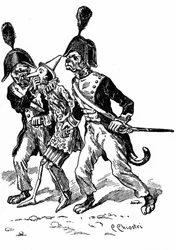 Ilustración de Pinocho por Carlo Chiostri (1863-1939), uno de los primeros ilustradores italianos de la obra de Collodi. Dos perros vestidos de gendarmes cogen a la marioneta de madera.