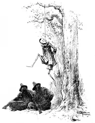 Pinocho, de Carlo Chiostri (1863-1939), uno de los primeros ilustradores italianos de la obra de Collodi (Carlo Lorenzini). La marioneta de madera es colgada de un árbol por dos bandidos (el gato y el zorro camuflado). Este dibujo original de Chiostri se c