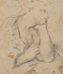 Mujer sentada, descansando la cabeza en la mano. Retrato de busto