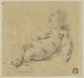 Niño Jesús dormido sosteniendo una cruz