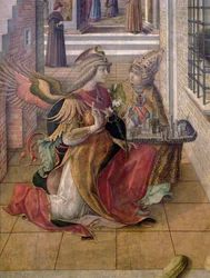 La Anunciación con San Emidio, detalle del arcángel Gabriel con el santo, 1486 (temple y óleo sobre tabla) (detalle)