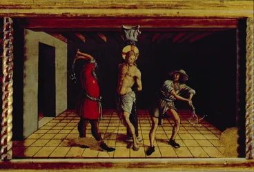 La flagelación de Cristo, panel predela derecho central del políptico de San Silvestro, 1468