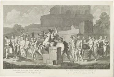 Procesión de hombres con botín de guerra