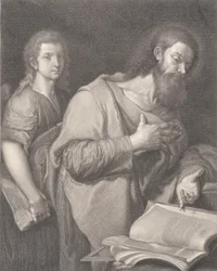 San Mateo, de pie ante un libro a la derecha con una mano en el pecho, otro hombre detrás, 1750-1784