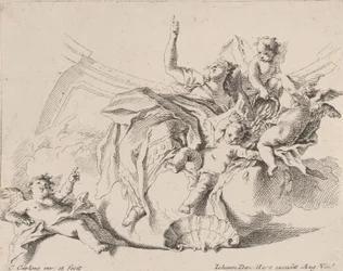 Riqueza, representada por una mujer sentada en las nubes y rodeada de putti