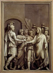 Antigua Roma: guerrero y hombre en toga intercambiando una esfera. Pintura de Carlo Labruzzi (1748-1818) después de un bajo relieve romano. Brest, Museo de Bellas Artes