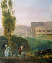Grupo de personajes, hombre dibujando frente a las ruinas del Coliseo