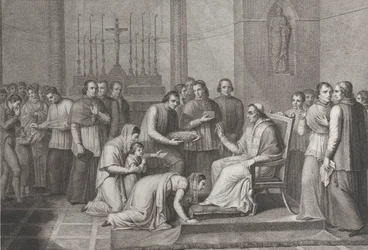 Una mujer se arrodilla para besar el pie del Papa Pío VII, con una multitud detrás de ella a la izquierda, 1814-50