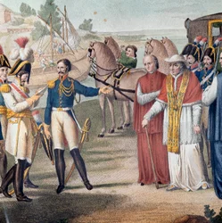 El Papa Pío VII (1742-1823) fue arrestado a su regreso a Italia por el ejército austro-napolitano cerca de Parma el 25 de marzo de 1814 - Grabado de Carlo Lasinio (1759-1838) - Litografía en color