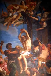 Blas de Sebaste es venerado como un santo y mártir cristiano. Pintura. Génova. Italia.