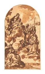 La Virgen y el Niño apareciéndose a los santos Ambrosio, Francisco de Sales y Nicolás de Bari (tiza negra, pluma y tinta marrón, y aguada marrón sobre papel)
