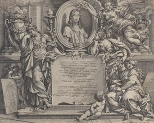 Frontispicio con retrato ovalado de Rafael, con tres figuras alegóricas de las Artes, 1675