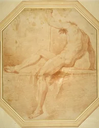 Desnudo sentado y girando, agarrando un bastón en su mano izquierda