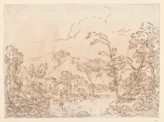 Dibujo, Una aldea junto a un arroyo en un país montañoso, 1770-86