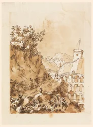 Dibujo, Paisaje con pueblo de montaña, 1760-80
