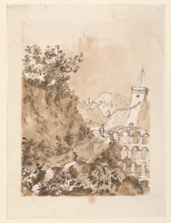 Dibujo, Paisaje con pueblo de montaña, 1760-80
