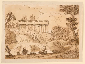 Dibujo, Paisaje con ruinas de templo, 1770-1786