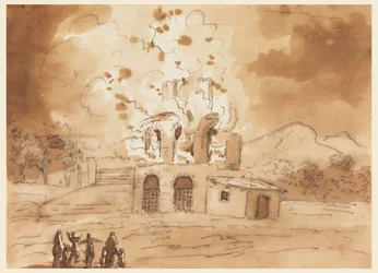 Dibujo, Paisaje con una Torre en Llamas