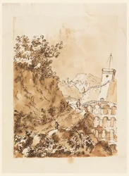 Paisaje con ciudad montañosa