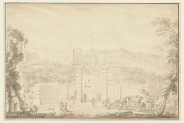 Vista de un monasterio recibiendo visita de grandes personas