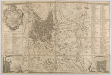 Plano de la antigua Roma con una vista del Panteón en la parte inferior izquierda y un arco triunfal en la parte inferior derecha, 1748