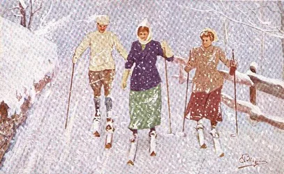 Tres esquiadores en una tormenta de nieve