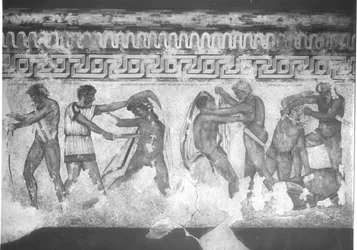 Reconstrucción de la pintura mural etrusca en la Tumba Francois en Vulci