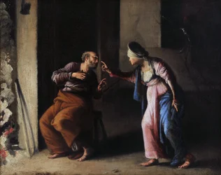 La negación de San Pedro. Pintura de Carlo Saraceni (1579-1620). Óleo sobre lienzo. Dimensiones: 38x48cm. Museo Granet, Aix en Provence.