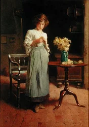 Chica en una cabaña junto a una mesa y una silla (acuarela sobre papel)