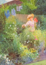 Dama recogiendo flores en un jardín campestre (acuarela sobre papel)