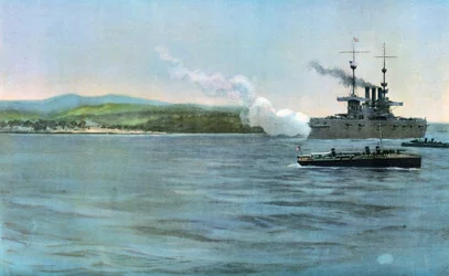Buque insignia del almirante Sampson, el crucero acorazado estadounidense New York, disparando a una guardia costera de caballería española, frente a Cabañas, 29 de abril de 1898