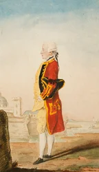 Coronel Morrison posiblemente en el uniforme de los Ingenieros Reales, una ciudad fortificada detrás, 1768