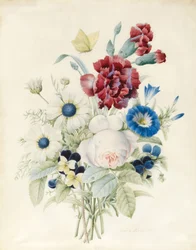 Ramo de flores incluyendo una rosa, una convolvulus azul y pensamientos, 1830