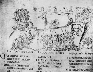 Ilustración de varias escenas de uno de los Salmos, del Salterio de Utrecht, copia del original de Reims ahora en la Biblioteca de la Universidad de Utrecht