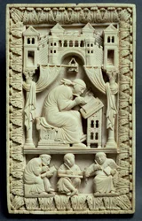 San Gregorio escribiendo con escribas abajo, Escuela Franco-Alemana, c.850-875